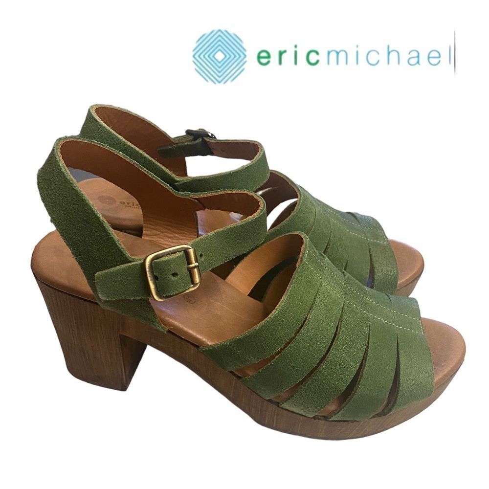 ERIC MICHAEL Mission Women's Green Suede Leather Heeled Sandals NEW 41 10 11